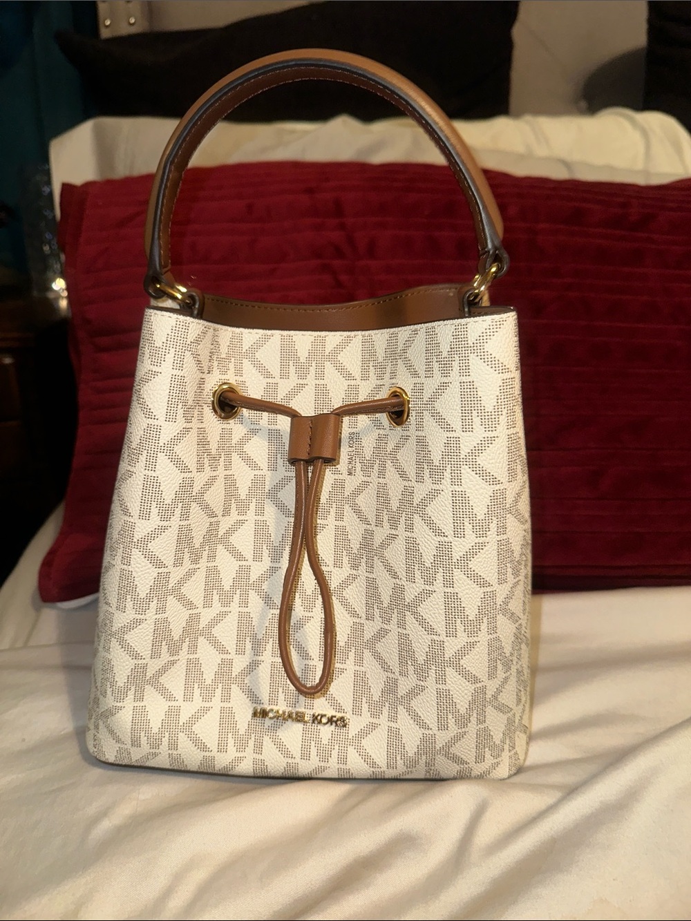 Michael Kors White/Tan Signature Drawstring Bucket Bag cross body
